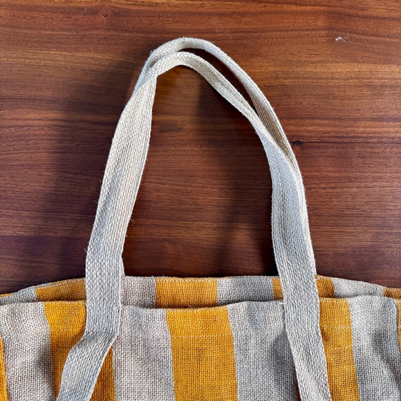 Saardé 100% Natural Woven Jute Market Bag in Mustard Stripe - Beach Pool Tote - Picture 7 of 15